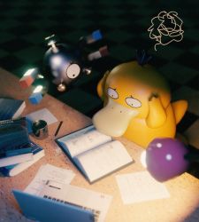 Rule 34 | blurry, book, commentary, computer, creatures (company), eyelashes, game freak, gen 1 pokemon, hands on own head, highres, laptop, looking down, louie zong, magnemite, nintendo, no humans, paper, pencil, pokemon, pokemon (creature), psyduck, reading, squiggle