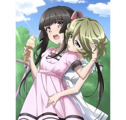 Rule 34 | 2girls, artist request, black hair, blonde hair, blue eyes, blush, breasts, collarbone, dress, elfnein, food, hair ribbon, ice cream, licking, licking another&#039;s cheek, licking another&#039;s face, long hair, looking at another, multiple girls, official art, open mouth, outdoors, pink dress, pink eyes, ribbon, senki zesshou symphogear, short hair, small breasts, teeth, tongue, tongue out, tsukuyomi shirabe, twintails, upper teeth only, white dress, yuri