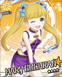Rule 34 | 10s, 1girl, aqua eyes, bare shoulders, blonde hair, blue eyes, blunt bangs, blush, bow, card (medium), character name, child, dress, eyelashes, gloves, hair bow, hair ornament, idolmaster, idolmaster cinderella girls, long hair, looking at viewer, mary cochran, microphone, official art, one eye closed, skirt, smile, solo, star (symbol), twintails, wink