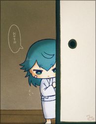 Rule 34 | 10s, 1boy, ayu (mog), bad id, bad pixiv id, blue hair, chibi, dated, fish, gradient background, green eyes, hair down, indoors, long hair, male focus, open mouth, sayo samonji, solo, speech bubble, touken ranbu, translation request