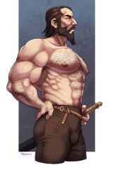 Rule 34 | 1boy, abs, armpit hair, armpit hair peek, ass, bara, beard, blackwall, brown hair, bulge, cropped legs, cross-laced clothes, cross-laced legwear, dragon age, dragon age: inquisition, facial hair, fighting stance, from side, full beard, hairy, highres, large pectorals, leather, leather pants, long mustache, looking ahead, male focus, mature male, midoo (scarecrow-forest), muscular, muscular male, navel, navel hair, nipples, obliques, old, old man, pants, pectorals, profile, ready to draw, receding hairline, scar, short hair, solo, stomach, thick arm hair, thick beard, thick chest hair, thick mustache, thick navel hair, thighs, topless male, very hairy, wrinkled skin