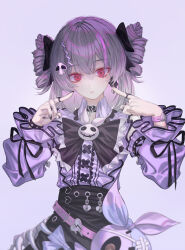Rule 34 | 1girl, black bow, black nails, black skirt, bow, center frills, closed mouth, commentary, drill hair, english commentary, frills, gradient background, grey hair, hair between eyes, hair bow, hair ornament, hands up, highres, honkai (series), honkai impact 3rd, jewelry, long sleeves, nail polish, neon (pixiv 31150749), official alternate costume, pointing, pointing at self, prometheus (honkai impact), puffy long sleeves, puffy sleeves, purple background, purple shirt, red eyes, ring, shirt, skirt, skull hair ornament, solo, twin drills