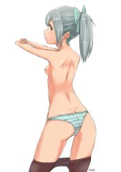 Rule 34 | 10s, 1girl, ass, azu (azusayumix), back, breasts, butt crack, clothes pull, grey hair, hair ribbon, kantai collection, nude, own hands together, panties, pantyhose, pantyhose pull, ponytail, ribbon, small breasts, stretching, topless, underwear, yuubari (kancolle)