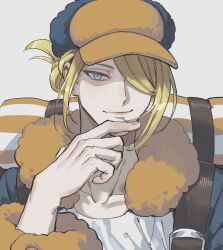 Rule 34 | 1boy, blonde hair, blue eyes, closed mouth, creatures (company), elemoncake, fur-trimmed jumpsuit, fur trim, game freak, ginkgo guild uniform, grey background, hair over one eye, hat, highres, jumpsuit, long sleeves, looking at viewer, male focus, nintendo, pokemon, pokemon legends: arceus, simple background, solo, upper body, volo (pokemon)