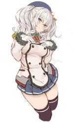 Rule 34 | 1girl, absurdres, black thighhighs, blue eyes, breasts, buttons, cowboy shot, cropped legs, epaulettes, frilled sleeves, frills, gloves, goekawa, grey skirt, highres, jacket, kantai collection, kashima (kancolle), large breasts, long sleeves, looking at viewer, military, military jacket, military uniform, miniskirt, neckerchief, pleated skirt, red neckerchief, sidelocks, silver hair, simple background, skirt, smile, solo, thighhighs, tsurime, twintails, uniform, wavy hair, white background, white gloves, white jacket