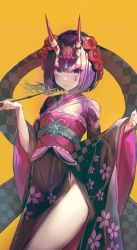 Rule 34 | 1girl, absurdres, blue eyes, bob cut, closed mouth, fate/grand order, fate (series), flower, hair flower, hair ornament, highres, holding, holding smoking pipe, horns, japanese clothes, kimono, kiseru, long sleeves, looking at viewer, lostroom outfit (fate), merryj, obi, oni, purple hair, red flower, red rose, rose, sash, short hair, shuten douji (fate), shuten douji (lostroom outfit) (fate), simple background, skin-covered horns, smoking pipe, solo, thighs, wide sleeves, yellow background