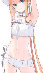 Rule 34 | 1girl, abigail williams (fate), abigail williams (swimsuit foreigner) (fate), abigail williams (swimsuit foreigner) (third ascension) (fate), absurdres, armpits, arms up, bare shoulders, bikini, blonde hair, blue eyes, blush, bonnet, bow, breasts, closed mouth, fate/grand order, fate (series), forehead, highres, kopaka (karda nui), long hair, looking at viewer, microskirt, navel, parted bangs, sidelocks, simple background, skirt, small breasts, smile, solo, swimsuit, twintails, very long hair, white background, white bikini, white bow, white headwear