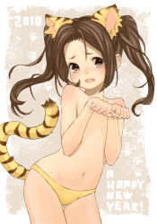 Rule 34 | 00s, 10s, 1boy, 2010, androgynous, animal ears, axis powers hetalia, bad id, bad pixiv id, blush, brown eyes, brown hair, china (hetalia), crossdressing, fang, kumatani, long hair, male focus, new year, panties, panties only, paw pose, sepia background, solo, tail, tears, tiger ears, tiger tail, topless male, trap, twintails, underwear, underwear only