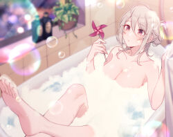 Rule 34 | 1girl, absurdres, ahoge, barefoot, bath, bathing, bathtub, blonde hair, blush, breasts, bubble bath, cleavage, closed mouth, collarbone, completely nude, convenient censoring, feet, feet up, folded hair, full body, hair between eyes, hands up, highres, holding pinwheel, indoors, large breasts, lens flare, lily (spy kyoushitsu), no bra, no panties, novel illustration, nude, official art, partially submerged, pinwheel, plant, potted plant, red eyes, shiny skin, soap bubbles, soap censor, soles, solo, spy kyoushitsu, textless version, toes, tomari (veryberry00), topless