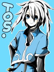 Rule 34 | 00s, 1boy, blue eyes, genius sage, male focus, monochrome, simple background, solo, spot color, tales of (series), tales of symphonia, white hair