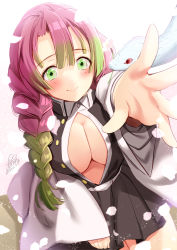 Rule 34 | 1girl, animal, azuma yuki, black jacket, black skirt, blush, braid, breasts, cleavage, closed mouth, collared shirt, dated, flower, flower in mouth, foreshortening, gradient hair, green eyes, green hair, hair between eyes, highres, jacket, kanroji mitsuri, kimetsu no yaiba, long sleeves, medium breasts, mole, mole under eye, mouth hold, multicolored hair, open clothes, open jacket, open shirt, outstretched arm, petals, pink flower, pink hair, pleated skirt, shirt, signature, skirt, sleeves past wrists, smile, snake, solo, white shirt, white snake, wide sleeves