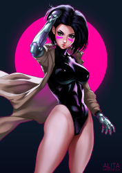 Rule 34 | 1girl, arm up, black background, black hair, black leotard, breasts, brown coat, brown eyes, character name, coat, covered navel, cyborg, dandon fuga, covered erect nipples, facepaint, alita, battle angel alita, highres, leotard, lips, looking at viewer, medium breasts, parted lips, short hair, solo, thick thighs, thighs