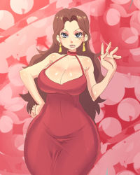Rule 34 | 1girl, bare shoulders, blue eyes, breasts, brown hair, choker, cleavage, curvy, donkey kong (1981 game), donkey kong (series), dress, earrings, hand on own hip, highres, huge breasts, jewelry, large breasts, lipstick, long hair, makeup, maniacpaint, mario (series), nintendo, pauline (mario), plump, red dress, solo, wide hips