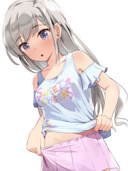 Rule 34 | 1girl, :o, bare shoulders, blue eyes, blue tank top, blush, braid, braided bangs, breasts, clothes writing, commentary request, dutch angle, earrings, english text, grey hair, groin, highres, hisakawa hayate, idolmaster, idolmaster cinderella girls, jewelry, long hair, looking away, looking down, parted lips, pink skirt, pleated skirt, seneto, simple background, skirt, small breasts, solo, standing, tank top, very long hair, white background