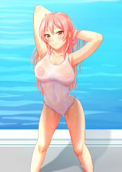 Rule 34 | 1girl, armpits, arms behind head, arms up, bare legs, blush, breasts, collarbone, covered erect nipples, covered navel, feet out of frame, highres, idolmaster, idolmaster cinderella girls, jougasaki mika, large breasts, looking at viewer, nipples, one-piece swimsuit, pink hair, presenting armpit, see-through swimsuit, smile, solo, standing, straight hair, swimsuit, tanjunde, water drop, white one-piece swimsuit, yellow eyes