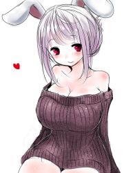 Rule 34 | 1girl, :&gt;, alternate costume, alternate hairstyle, animal ears, bare shoulders, blush, breasts, casual, cleavage, collarbone, female focus, hair up, han (jackpot), heart, huge breasts, looking at viewer, naked sweater, purple hair, rabbit ears, reisen udongein inaba, ribbed sweater, simple background, sitting, sketch, smile, solo, sweater, tareme, touhou, wide hips