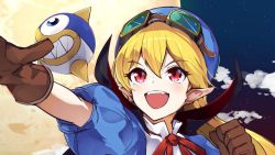 Rule 34 | 13-gou, 1girl, blonde hair, blue headwear, gloves, goggles, goggles on headwear, hat, long hair, marivel armitage, open mouth, pointy ears, red eyes, smile, wild arms, wild arms 2