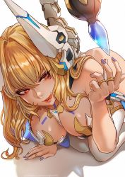 Rule 34 | 1girl, arm support, artist name, ass, blonde hair, blue nails, breasts, dragon queen hane, female focus, highres, horns, indie virtual youtuber, large breasts, licking lips, lips, long hair, looking at viewer, looking to the side, magion02, mecha musume, mechanical horns, mechanical tail, nail polish, red eyes, simple background, solo, tail, tongue, tongue out, virtual youtuber