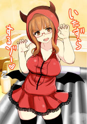 Rule 34 | 1girl, bare arms, bare shoulders, bath, bathtub, black thighhighs, blunt bangs, breasts, claw pose, cleavage, collarbone, commentary request, cowboy shot, demon horns, fangs, frown, girls und panzer, glasses, halloween, halloween costume, hands up, head tilt, hijiri tsukasa, hood, hoodie, horns, indoors, lace, lace-trimmed skirt, lace trim, large breasts, long hair, looking at viewer, miniskirt, open mouth, orange eyes, orange hair, red-framed eyewear, red hood, red shirt, semi-rimless eyewear, shirt, skindentation, skirt, sleeveless, sleeveless shirt, soap, solo, standing, takebe saori, thighhighs, translated, under-rim eyewear, v-shaped eyebrows, zettai ryouiki
