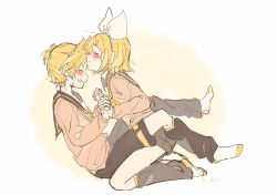 Rule 34 | 1boy, 1girl, artist name, blonde hair, blue eyes, blush, brother and sister, kissing forehead, grin, hair ornament, hairclip, headphones, headset, hetero, highres, interlocked fingers, kagamine len, kagamine rin, kiss, kissing forehead, kneeling, leaning back, leaning forward, leg warmers, m0ti, nail polish, necktie, pink sweater, sailor collar, short hair, short ponytail, shorts, siblings, sitting, sketch, smile, socks, sweater, twins, twitter username, vocaloid, yellow nails