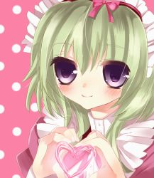 Rule 34 | 1girl, angelina nanatsu sewell, apron, green hair, heart, maid headdress, mashiroiro symphony, purple eyes, ribbon, short hair, smile