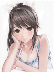 Rule 34 | 1girl, bare shoulders, black eyes, black hair, breasts, cleavage, closed mouth, collarbone, commentary request, hair ribbon, long hair, looking at viewer, love plus, medium breasts, nannacy7, ponytail, ribbon, smile, solo