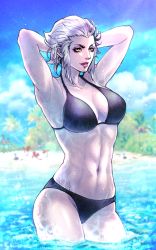 Rule 34 | 1girl, abs, armpits, arms behind head, arms up, bare arms, beach, bikini, black bikini, blue sky, blurry, blurry background, breasts, cloud, collarbone, commentary, cowboy shot, day, final fantasy, final fantasy xiv, from side, grey hair, halterneck, halterneck, highres, large breasts, leki ixion, lens flare, looking at viewer, merlwyb bloefhiswyn, midriff, navel, ocean, parted lips, purple lips, roegadyn, seductive smile, short hair, sky, smile, solo, swimsuit, toned, tree, wading, water, yellow eyes