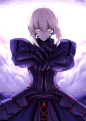 Rule 34 | 1girl, ambiguous red liquid, armor, armored dress, artoria pendragon (fate), blonde hair, closed mouth, collar, commentary request, corset, cowboy shot, excalibur (fate/stay night), fate/stay night, fate (series), gauntlets, halcon, highres, looking at viewer, pale skin, pauldrons, planted sword, planted, saber (fate), saber alter, serious, shoulder armor, sidelocks, skirt, solo, sword, weapon, white hair, yellow eyes