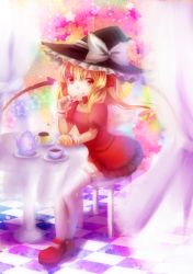 Rule 34 | 1girl, :p, :q, alternate costume, alternate headwear, bad id, bad pixiv id, blonde hair, blush, bow, chair, checkered floor, crossed legs, cup, curtains, dress, fang, female focus, flandre scarlet, floor, food, hat, hat bow, highres, mary janes, mouth hold, open mouth, plate, pudding, red eyes, shoes, short hair, side ponytail, sitting, smile, solo, spoon, star (symbol), table, tea, teacup, teapot, thighhighs, tongue, tongue out, touhou, white thighhighs, wings, witch hat, wrist cuffs, wristband, zinczinc ka