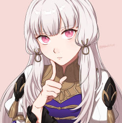 Rule 34 | 1girl, blunt bangs, commentary request, dress, finger to mouth, fire emblem, fire emblem: three houses, fire emblem warriors: three hopes, highres, index finger raised, long hair, looking at viewer, lysithea von ordelia, nintendo, official alternate costume, official alternate hairstyle, peach11 01, pink background, pink eyes, purple dress, simple background, solo, twitter username, two-tone dress, upper body, very long hair, white dress, white hair