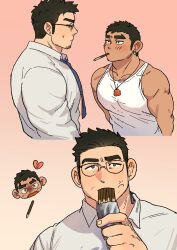 Rule 34 | 2boys, anger vein, arm behind back, bara, black hair, blank stare, blush, broken heart, chibi, chibi inset, collared shirt, dark-skinned male, dark skin, earrings, eating, facial hair, food, food in mouth, glasses, goatee, heart, highres, jewelry, kim liong (shan), large pectorals, long sideburns, male focus, mature male, multiple boys, muscular, muscular male, necktie, original, pectorals, pocky, pocky day, pocky in mouth, shan (shanshankuo), shirt, short hair, sideburns, sweatdrop, tank top, thick eyebrows, thick thighs, thighs, topless male, tsi-ho (shan), yaoi