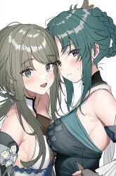 Rule 34 | 2girls, asymmetrical docking, bare shoulders, blush, breast press, breasts, genshin impact, green hair, grey eyes, grey hair, guizhong (genshin impact), highres, hominamia, large breasts, long hair, looking at viewer, braided hair rings, madame ping (genshin impact), medium breasts, multiple girls, open mouth, parted bangs, purple eyes, sidelocks, simple background, smile, white background