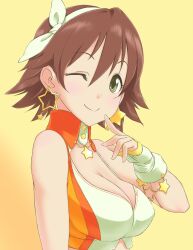 Rule 34 | 1girl, bare shoulders, blush, breasts, brown hair, cleavage, closed mouth, crop top, cropped shirt, earrings, green eyes, hairband, hand up, highres, honda mio, idolmaster, idolmaster cinderella girls, idolmaster cinderella girls starlight stage, index finger raised, jewelry, looking at viewer, medium breasts, motogashi, necklace, one eye closed, shirt, short hair, simple background, sleeveless, sleeveless shirt, smile, solo, star (symbol), star earrings, star necklace, two-tone shirt, upper body, white arm warmers, white hairband, yellow background
