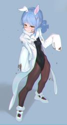 Rule 34 | 1girl, absurdres, animal ears, black leotard, blue hair, blush, braid, brown pantyhose, burn mark, coat, contrapposto, don-chan (usada pekora), fur scarf, highres, hololive, lab coat, leotard, leotard under clothes, long hair, nose blush, old metal 666, open clothes, open coat, orange eyes, pantyhose, parted bangs, playboy bunny, rabbit-shaped pupils, rabbit ears, rabbit girl, scarf, shoes, short eyebrows, sleeves past fingers, sleeves past wrists, solo, standing, symbol-shaped pupils, tearing up, torn clothes, twin braids, usada pekora, virtual youtuber, white coat, white footwear, white scarf