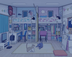 Rule 34 | 1boy, 1girl, :3, bed, blue theme, carpet, cat, indoors, kiyo (kyokyo1220), loaded interior, night, poster (object), roomscape, shelf, sleeping, stuffed animal, stuffed toy, tagme, teddy bear, underwear, wooden floor