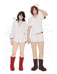 Rule 34 | 1girl, 1other, androgynous, arm behind head, black eyes, black footwear, black hair, boots, boxers, breasts, brown hair, cleavage, dirty, dirty clothes, glasses, hange zoe, hanpetos, height difference, holding hands, male underwear, medium breasts, opaque glasses, pieck finger, red footwear, shingeki no kyojin, shirt, t-shirt, underwear, wristband