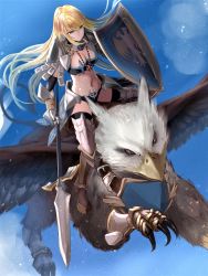 Rule 34 | 1girl, absurdres, armor, armored boots, bead necklace, beads, bikini armor, black thighhighs, blonde hair, blue eyes, boots, breasts, cleavage, closed mouth, commentary request, cross, cross necklace, faulds, flying, full body, gauntlets, griffin, gryphon (ragnarok online), highres, holding, holding polearm, holding shield, holding weapon, jewelry, large breasts, long hair, navel, necklace, polearm, ragnarok online, riding, royal guard (ragnarok online), sail (sail-away), shield, solo, spear, thighhighs, weapon