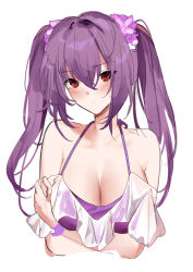 Rule 34 | 1girl, absurdres, bad id, bad pixiv id, bikini, blush, breasts, cleavage, crossed arms, fate/grand order, fate (series), flower, hair flower, hair ornament, highres, large breasts, looking at viewer, miyasaka miyabi, off-shoulder bikini, off shoulder, purple bikini, purple hair, red eyes, scathach (fate), scathach skadi (swimsuit ruler) (fate), scathach skadi (swimsuit ruler) (first ascension) (fate), solo, swimsuit, twintails, upper body
