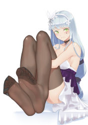 Rule 34 | 1girl, absurdres, bare shoulders, barefoot, black pantyhose, blue hair, blush, breasts, c.rabbit, closed mouth, crossed bangs, feet, flower, foot focus, from side, full body, girls&#039; frontline, greek toe, green eyes, hair flower, hair ornament, highres, hk416 (girls&#039; frontline), hk416 (starry cocoon) (girls&#039; frontline), hugging own legs, jewelry, long hair, looking at viewer, medium breasts, necklace, no shoes, pantyhose, sideboob, smile, soles, solo, teardrop facial mark, teardrop tattoo, toes, white background, white headwear