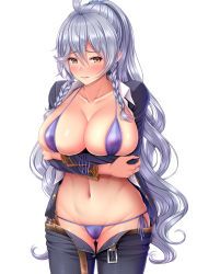 Rule 34 | 1girl, ahoge, arms under breasts, belt, bikini, bikini under clothes, black jacket, blue bikini, blush, braid, breasts, cleavage, closed mouth, collarbone, collared shirt, denim, dress shirt, gluteal fold, granblue fantasy, hair between eyes, highres, jacket, jeans, large breasts, long hair, long sleeves, looking at viewer, melopun, navel, open clothes, open jacket, open mouth, pants, shirt, silva (granblue fantasy), silver hair, simple background, solo, swimsuit, thighs, twin braids, very long hair, wavy hair, white background, white shirt, yellow eyes