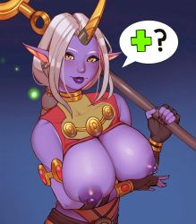 Rule 34 | 1girl, ?, bare shoulders, blush, bracelet, breasts, breasts out, brown gloves, closed mouth, collarbone, colored skin, covered collarbone, earrings, female focus, fingernails, gaiidraws, gloves, glowing, gradient background, grey hair, highres, holding, holding staff, horns, jewelry, large breasts, league of legends, light blush, long fingernails, long hair, looking at viewer, nail polish, nipples, pinup (style), pointy ears, purple lips, purple nails, purple skin, single earring, single horn, smile, solo, soraka (league of legends), speech bubble, staff, yellow eyes