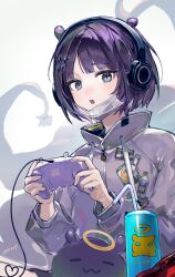 Rule 34 | 1girl, absurdres, blue eyes, blush, can, controller, creature, drink can, drinking straw, game controller, grey jacket, halo, headphones, highres, hololive, hololive english, jacket, long sleeves, looking at viewer, mask, mask pull, mole, mole under eye, mouth mask, ninomae ina&#039;nis, ninomae ina&#039;nis (loungewear), octopus, open mouth, purple hair, short hair, sitting, soda can, solo, tentacles, twice12314, twitter username, upper body, virtual youtuber, zipper pull tab