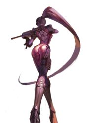 Rule 34 | 1girl, aiming, ass, bodysuit, colored skin, et.m, facing away, from behind, from below, full body, gun, head-mounted display, long hair, overwatch, overwatch 1, ponytail, purple skin, rifle, shiny clothes, shoulder blades, simple background, sniper rifle, solo, very long hair, weapon, white background, widowmaker (overwatch)