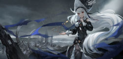 Rule 34 | 1girl, absurdres, arknights, bare shoulders, belt, bilibilida, black dress, black hat, black pantyhose, blue nails, breasts, closed mouth, cloud, cloudy sky, cowboy shot, day, detached sleeves, dress, finger to mouth, grey hair, hat, highres, horizon, index finger raised, jewelry, long hair, long sleeves, looking at viewer, medium breasts, nail polish, necklace, ocean, outdoors, pantyhose, pelvic curtain, rain, red eyes, shushing, skeleton, sky, smile, solo, specter (arknights), specter the unchained (arknights), unworn jewelry, unworn necklace, very long hair, water