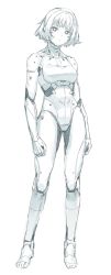 Rule 34 | 1girl, absurdres, android, arms at sides, breasts, commentary request, contrapposto, full body, highres, joints, looking at viewer, medium breasts, monochrome, original, robot joints, short hair, solipsist, solo, standing, triangle mouth, white background