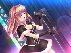 Rule 34 | 1girl, blonde hair, blush, breasts, cleavage, elbow gloves, game cg, gloves, happy, ichijou suzune, large breasts, long hair, looking away, microphone, motto nee chanto shiyou yo!, music, open mouth, show, singing, skirt, smile, solo, standing, sumeragi kohaku, wince