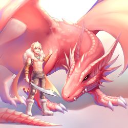 Rule 34 | 1boy, alternate costume, bakugou katsuki, belt, blonde hair, boku no hero academia, boots, cape, commentary request, dragon, earrings, fantasy, full body, fur trim, highres, holding, holding sword, holding weapon, jewelry, looking at viewer, male focus, navel, red eyes, salmon (657931354), short hair, smile, solo, spiked hair, standing, sword, teeth, weapon, white footwear