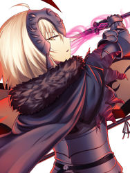 Rule 34 | 1girl, armor, blonde hair, breasts, fal (fal-se-0), fate/grand order, fate (series), fur trim, gauntlets, headpiece, jeanne d&#039;arc (fate), jeanne d&#039;arc alter (avenger) (fate), jeanne d&#039;arc alter (avenger) (first ascension) (fate), jeanne d&#039;arc alter (fate), long hair, ruler (fate/grand order), short hair, simple background, solo, sword, weapon, yellow eyes