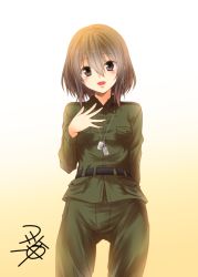 Rule 34 | 1girl, :o, artist name, belt, black eyes, blush, breasts, brown hair, commentary request, dog tags, dog tail, green jacket, green pants, green vest, hair between eyes, hand on own chest, jacket, looking at viewer, military, military uniform, open mouth, original, pants, short hair, simple background, small breasts, tail, uniform, vest, yua (checkmate)