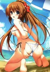 Rule 34 | 1girl, :o, absurdres, adjusting clothes, adjusting swimsuit, ass, back, barefoot, beach, bikini, blue eyes, blush, breasts, brown hair, cameltoe, cloud, covered erect nipples, detexted, embarrassed, feet, flower, from behind, hair flower, hair ornament, highres, kneeling, long hair, looking back, ocean, open mouth, original, outdoors, ponytail, scan, side-tie bikini bottom, sideboob, sky, soles, solo, surprised, swimsuit, third-party edit, tomose shunsaku, trefoil, umbrella, underboob, very long hair, water, wet, white bikini